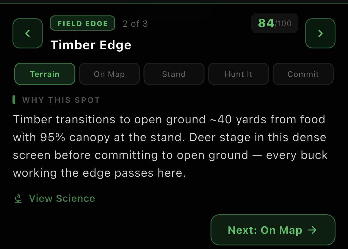 Stand placement terrain science card with why-this-spot explanation