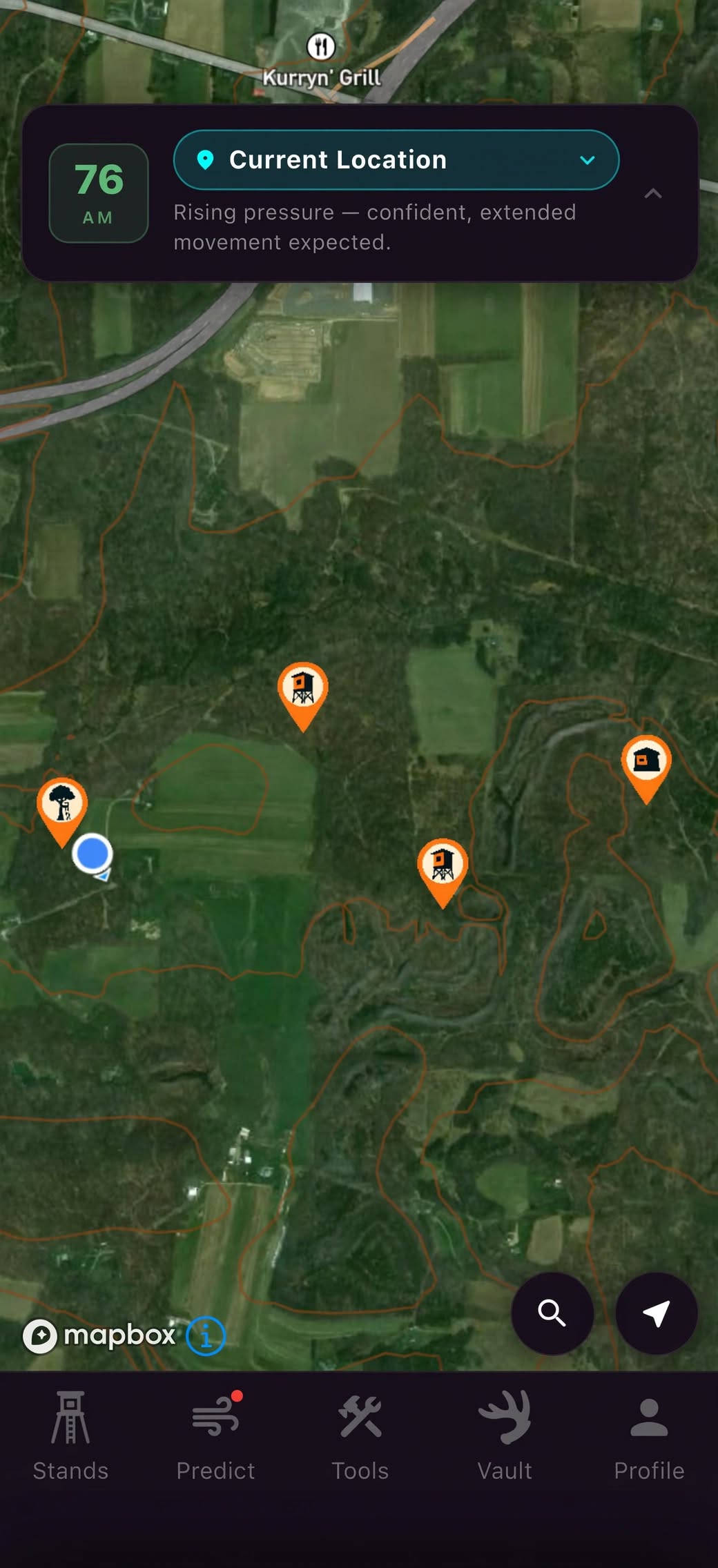 Property map view with stand pins and terrain overlay